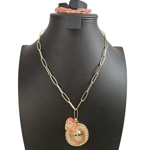 Gold Chain Link‎ Necklace Heart Medallion Charm Bracelet Jewelry Set